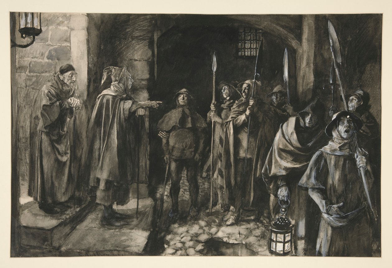 Dogberry og hans kamerater med en klokke - Act III, Scene III, Much Ado About Nothing av Edwin Austin Abbey