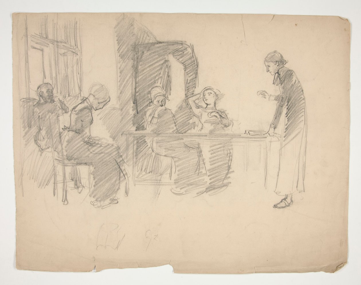 Tidlig studie for Stony Ground 1884, interiør med figurer av Edwin Austin Abbey