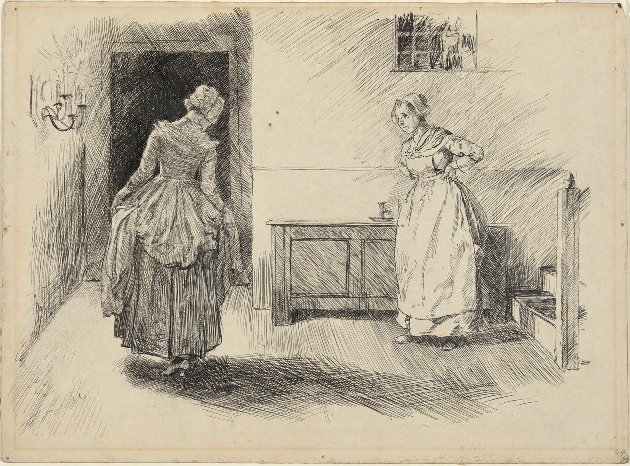 Gå inn på Mrs. Hardcastle & Maid, studere for Oliver Goldsmith av Edwin Austin Abbey