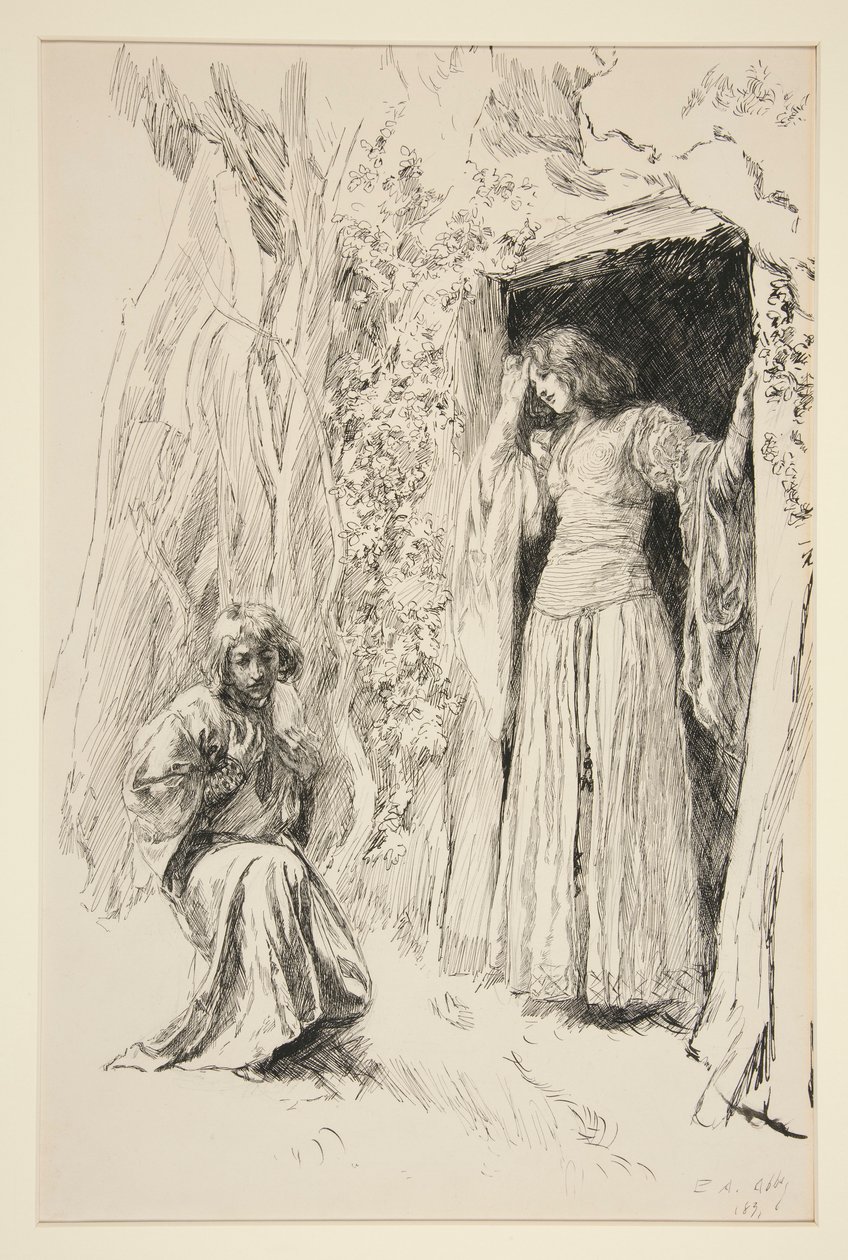 Ferdinand Meets Miranda, illustrasjon for akt III, Scene i, The Tempest av Edwin Austin Abbey