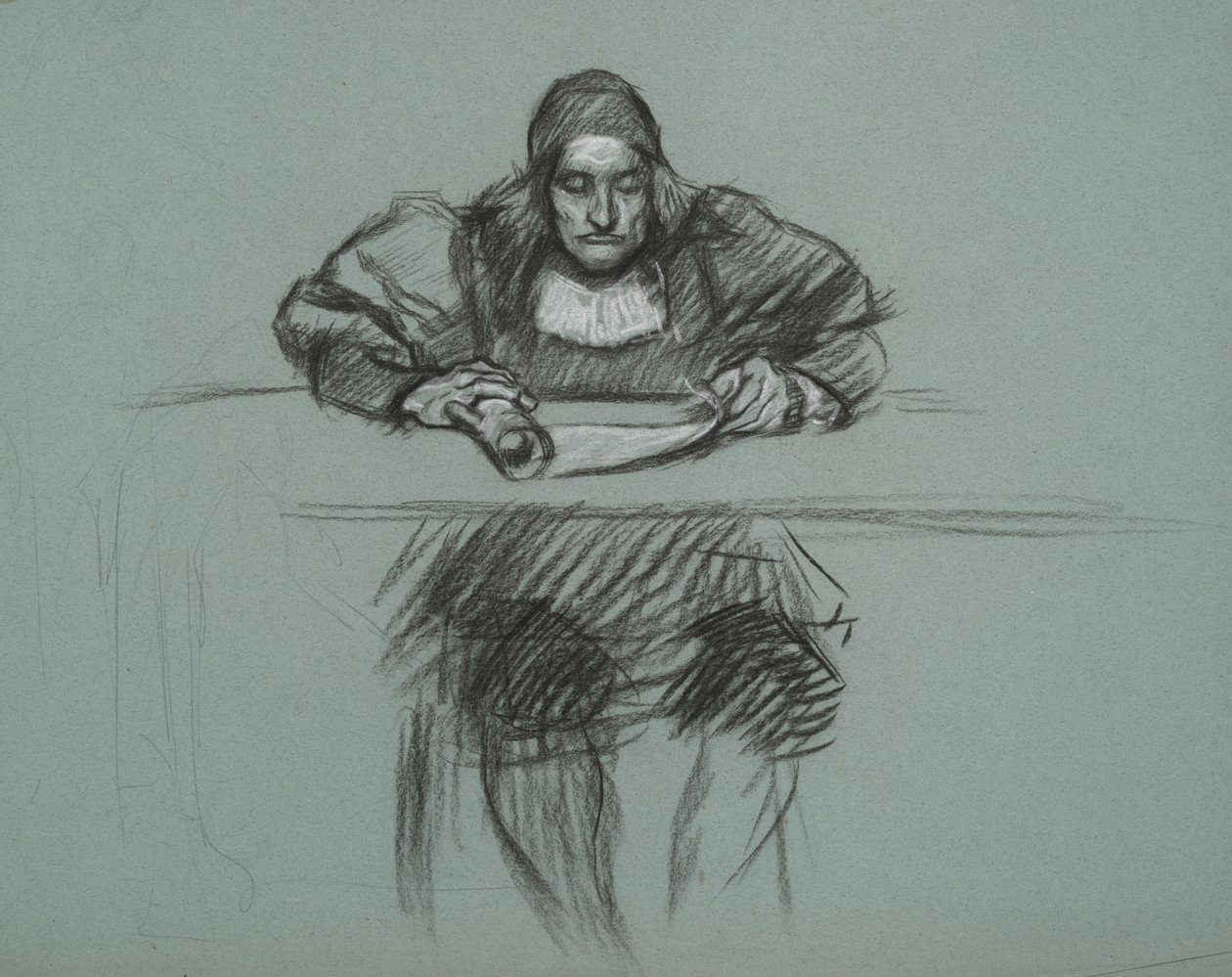 Figur for rettssaken mot dronning Katherine. kontorist ved pulten av Edwin Austin Abbey