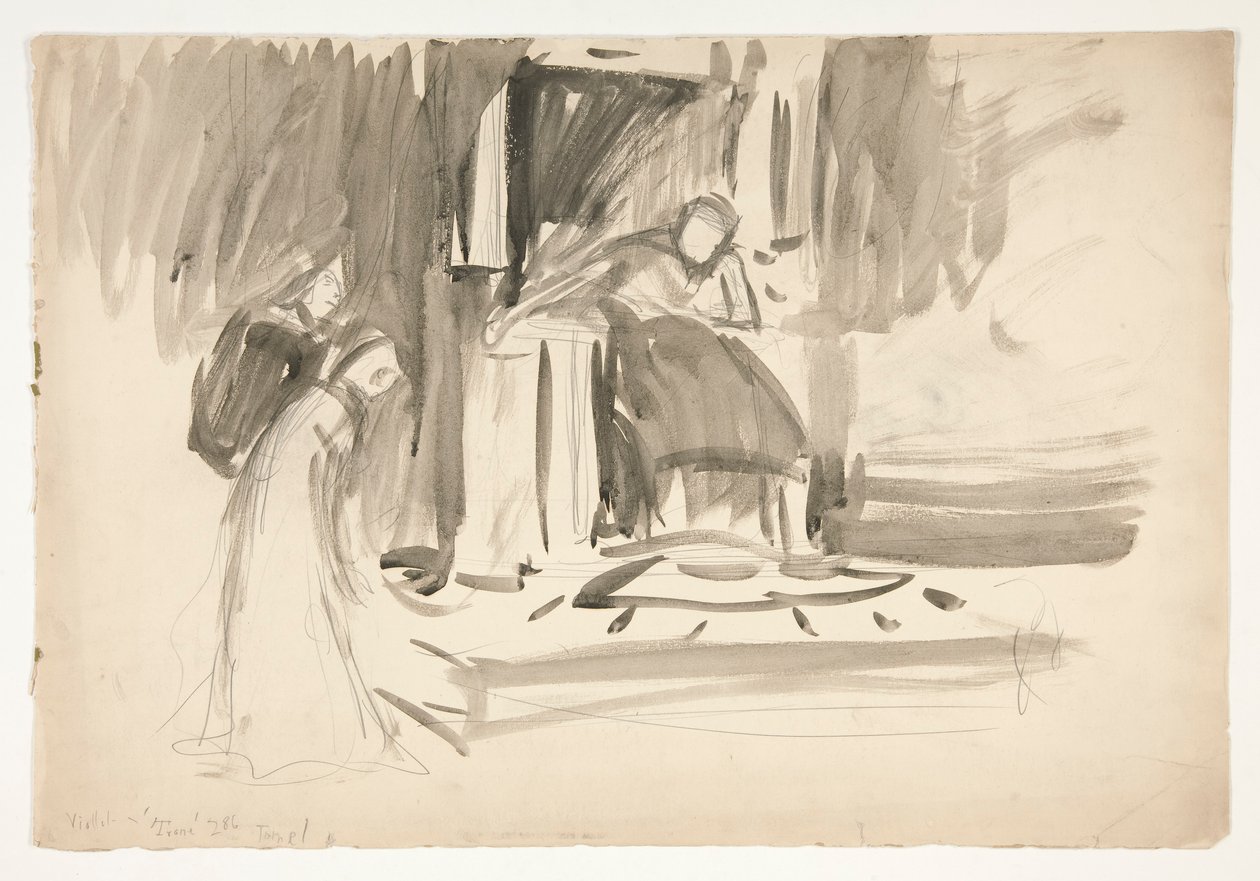 Figur på tronen, flankert av to figurer, skisse for et uidentifisert Shakespeare-skuespill av Edwin Austin Abbey