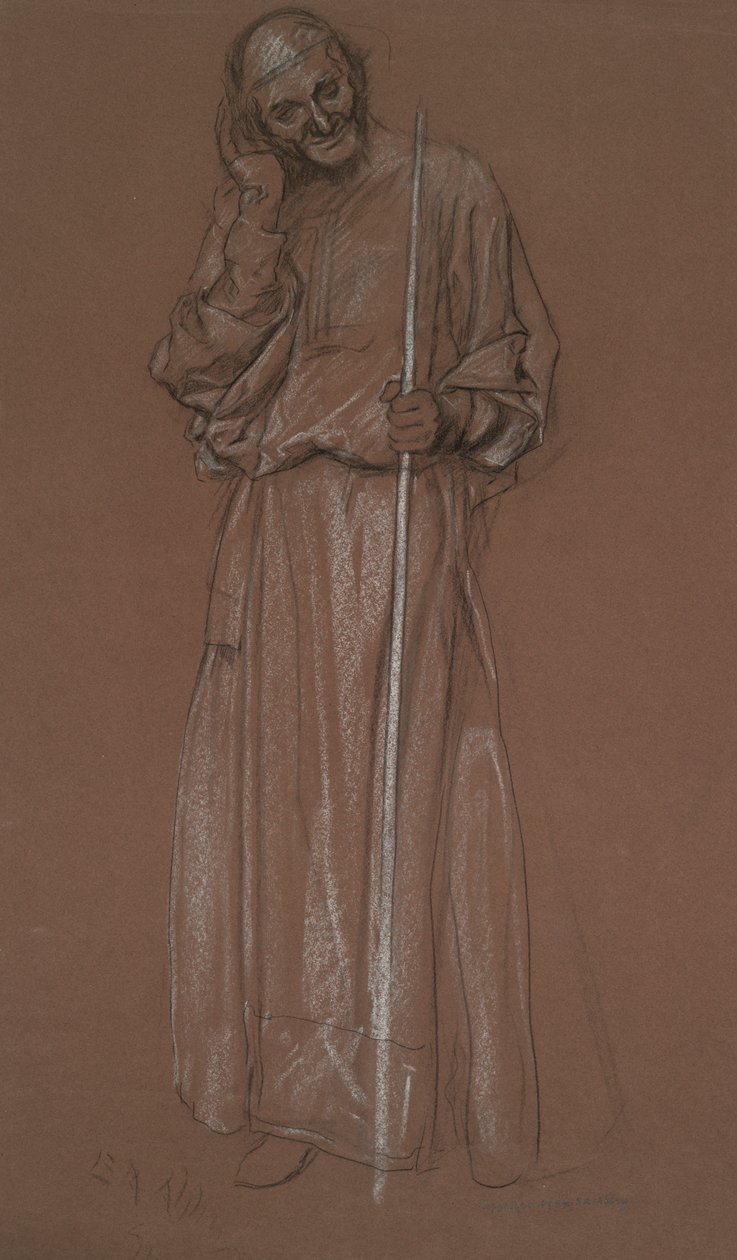 Figurstudie, gammel mann med stav, muligens Polonius i av Edwin Austin Abbey