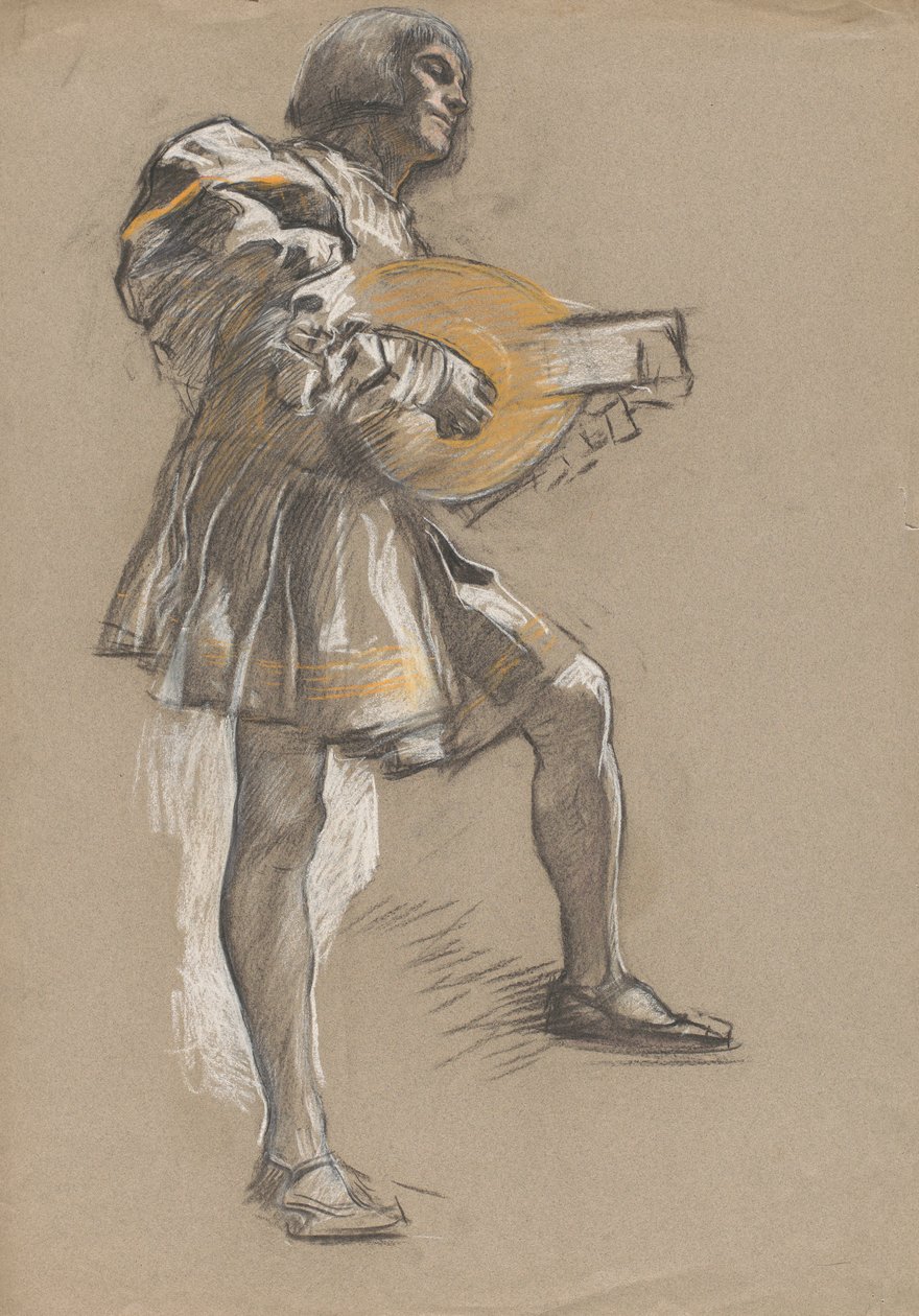 Figur med mandolin i middelalderdrakt. av Edwin Austin Abbey