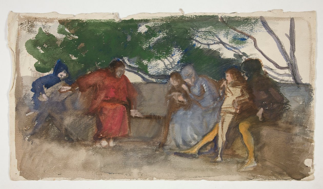 Figurer som sitter langs en utendørs benk av Edwin Austin Abbey
