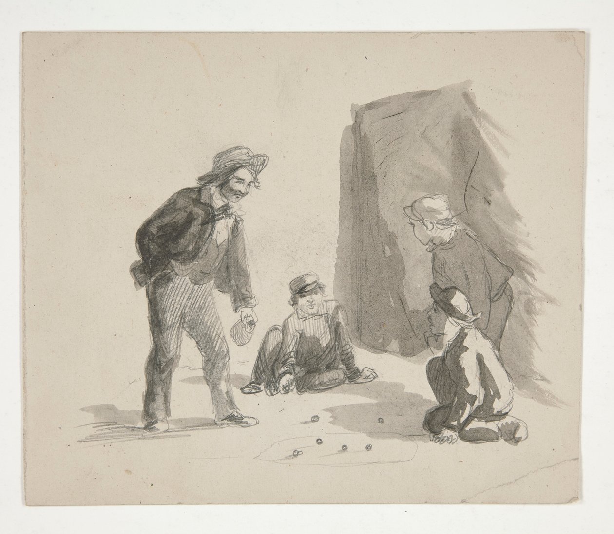Fire gutter som spiller klinkekuler (recto); Uidentifisert illustrasjon av gutt ved staffeli i interiøret (verso) av Edwin Austin Abbey