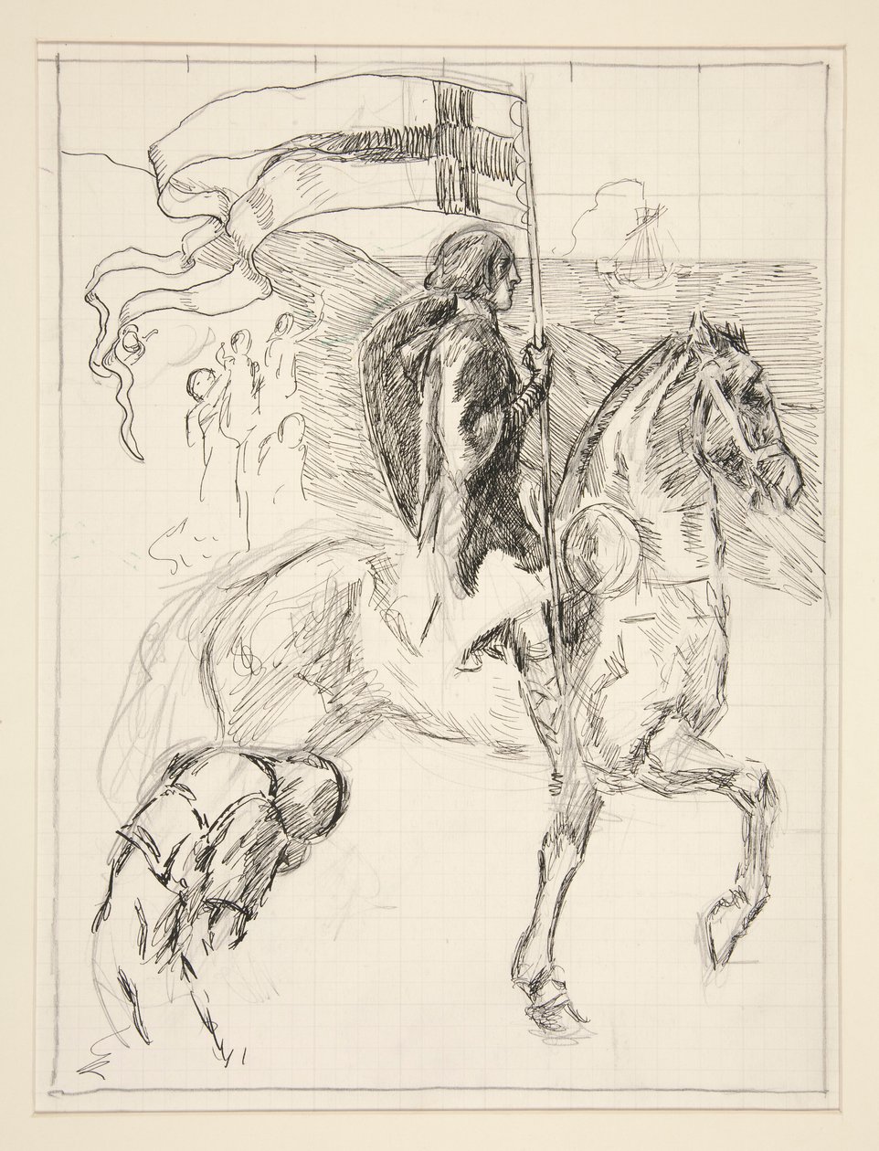 Galahad Departs, studie for The Quest of the Holy Grail (serie med femten malerier for Boston Public Library, fullført i 1901) av Edwin Austin Abbey