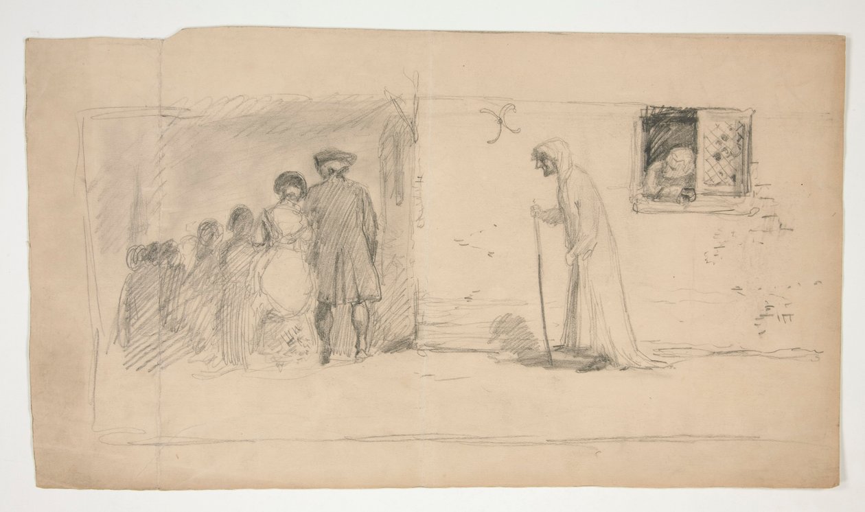 Gruppe av figurer utenfor steinhus - uidentifisert illustrasjon av Edwin Austin Abbey
