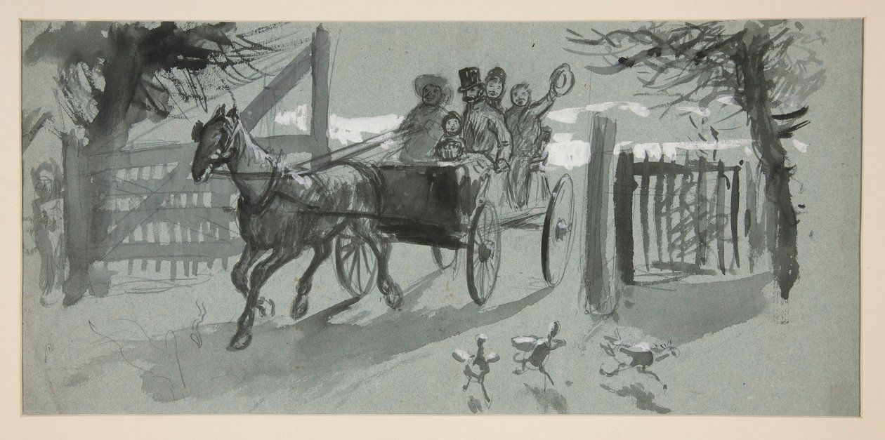Gruppe mennesker i en åpen handlevogn - (uidentifisert illustrasjon) av Edwin Austin Abbey