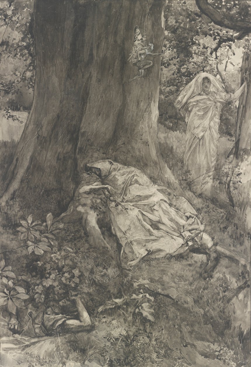 Hermia in the Wood, illustrasjon for akt III, Scene ii, En midtsommernatt av Edwin Austin Abbey