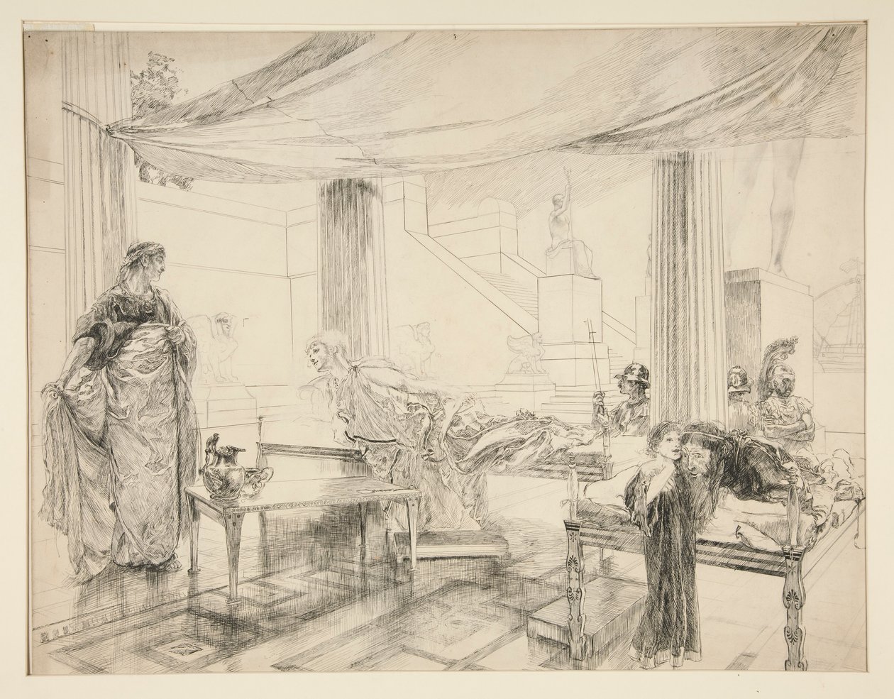Hermine ber Polixenes (studie for .1122) - Akt I, Scene II, The Winter av Edwin Austin Abbey