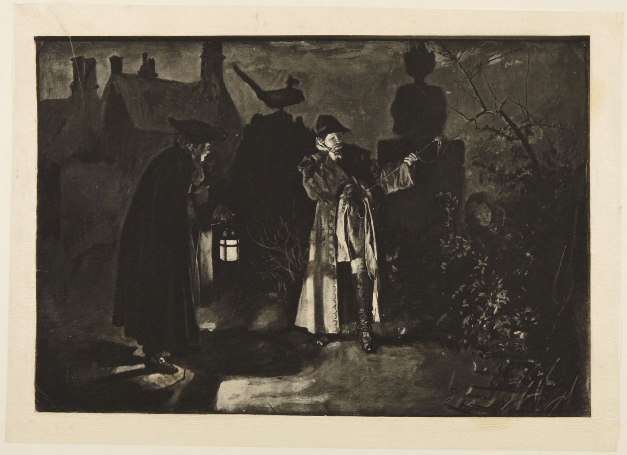 Illustrasjon til Goldsmiths «She Stoops to Conquer»: «Jeg tar feil, eller jeg hørte stemmer» av Edwin Austin Abbey