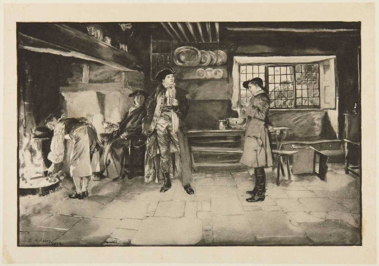 Illustrasjon til Goldsmiths She Stoops to Conquer: «Ikke ment som fornærmelse, men spørsmål for spørsmål er da helt rettferdig, vet De» av Edwin Austin Abbey