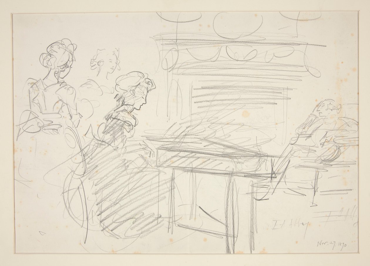 Interiørscene: kvinne ved piano og familie - uidentifisert illustrasjon av Edwin Austin Abbey