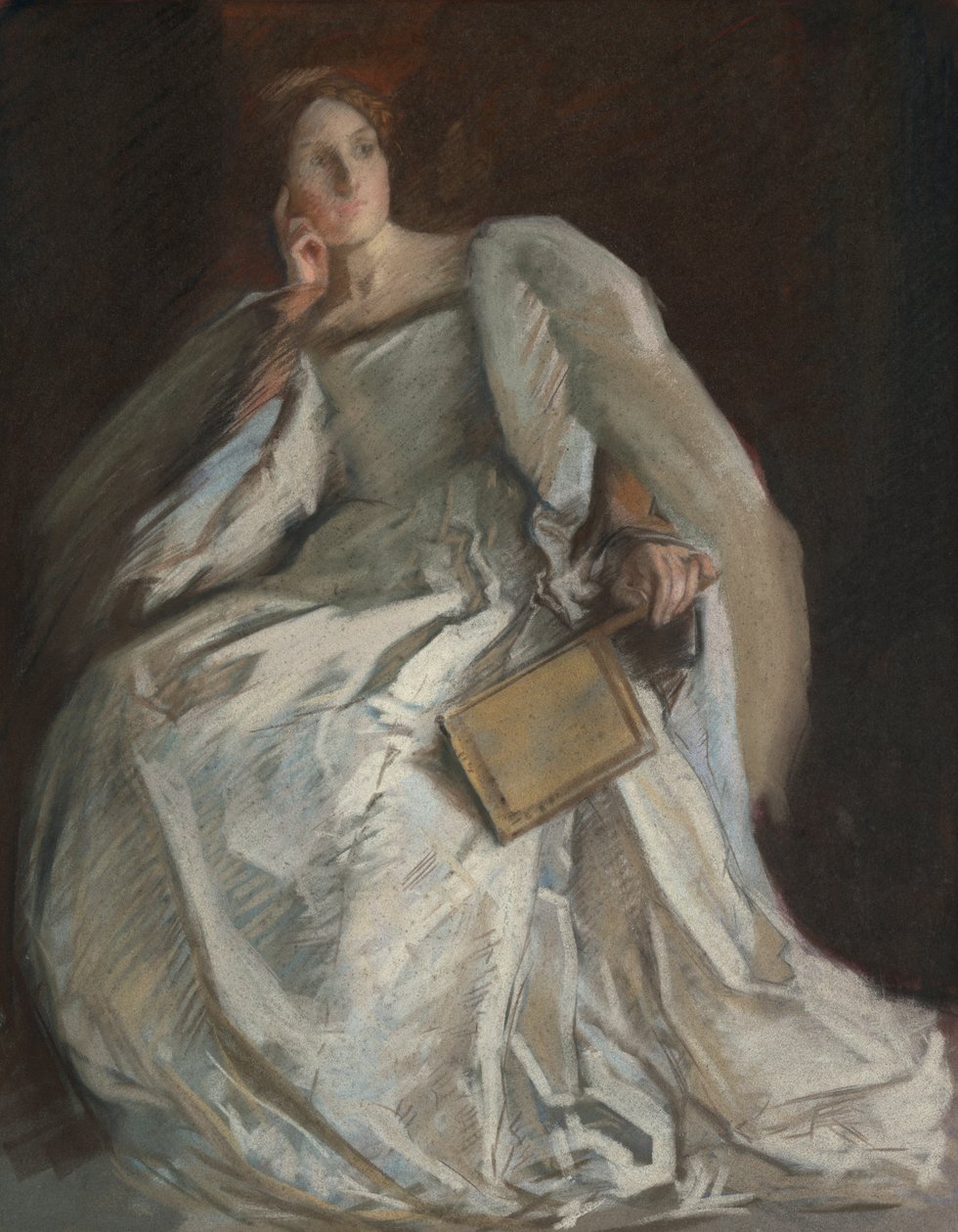 Dame i hvitt sittende. Høyre hånd til hake. Holdevifte. av Edwin Austin Abbey