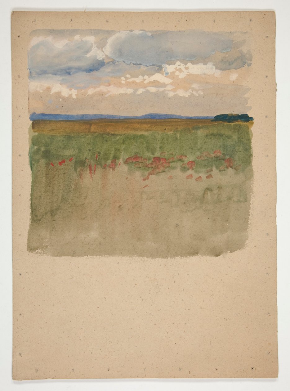 Landskap med felt, horisont, himmel av Edwin Austin Abbey