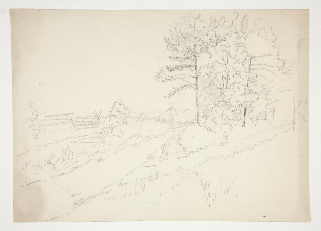 Landskap med vei som går gjennom av Edwin Austin Abbey