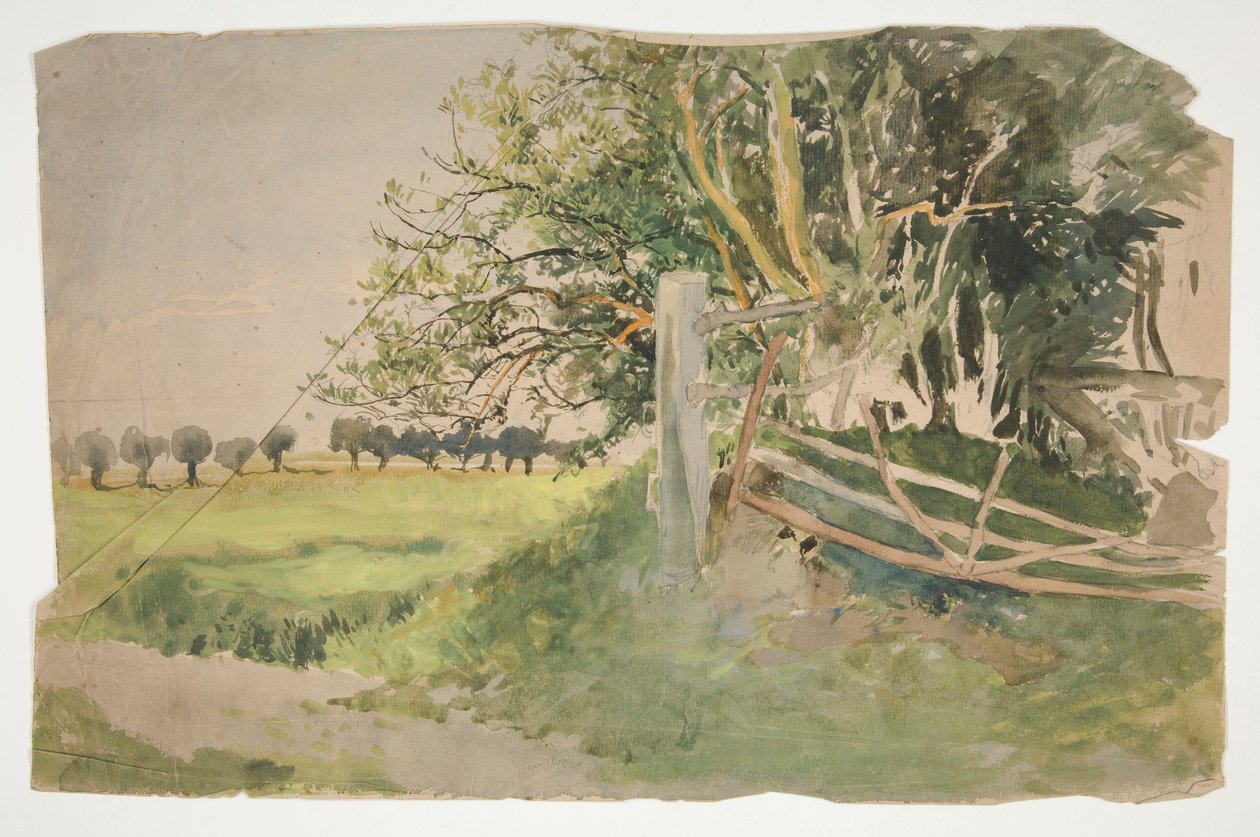 Landskap med trær og ødelagt gjerde av Edwin Austin Abbey