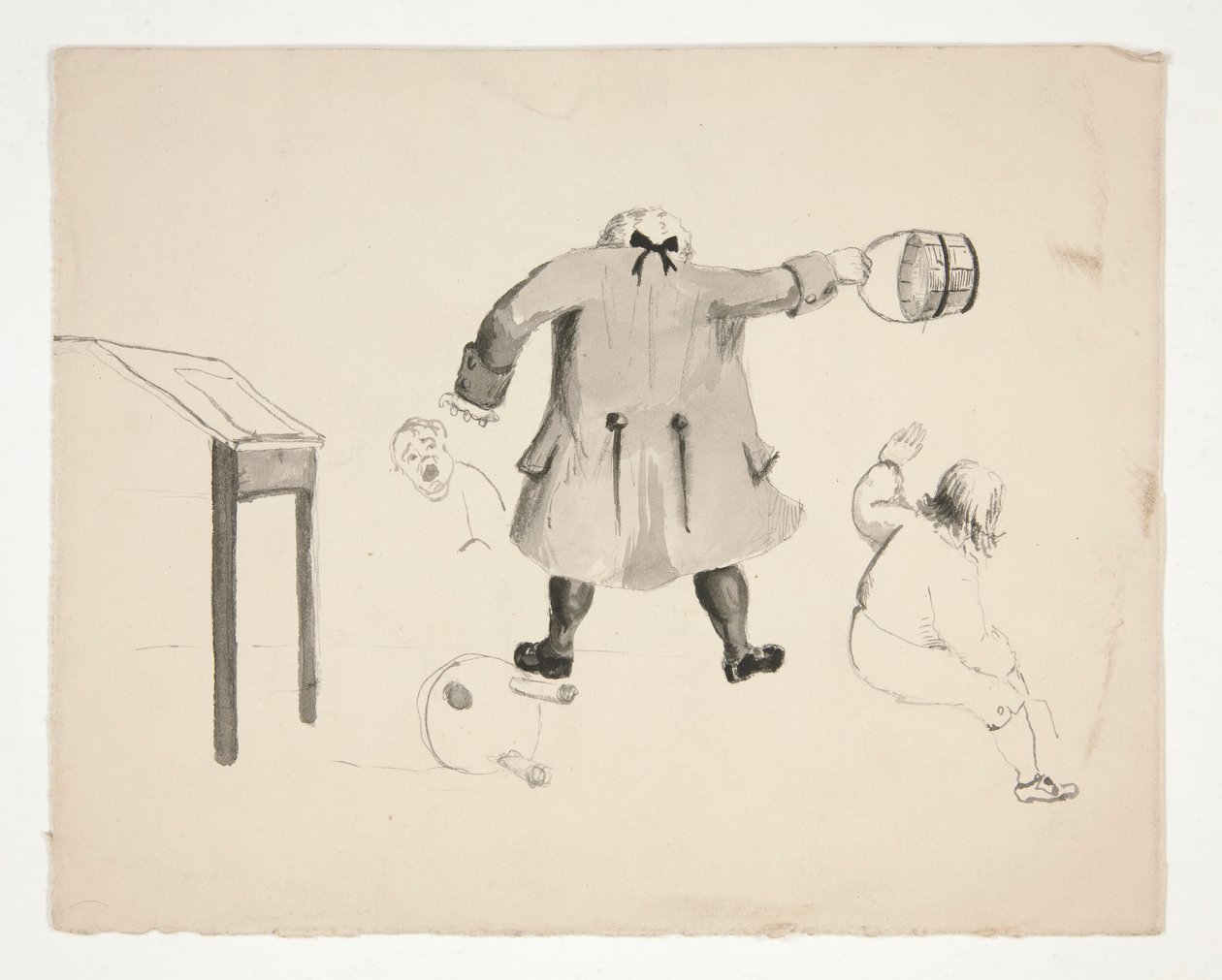 Mann svingende bøtte på to gutter (recto); To menn bak en vegg (verso) av Edwin Austin Abbey