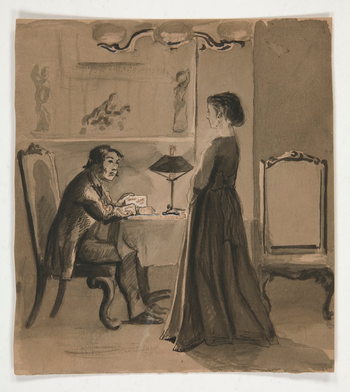 Mann og kvinne i et interiør - uidentifisert illustrasjon av Edwin Austin Abbey