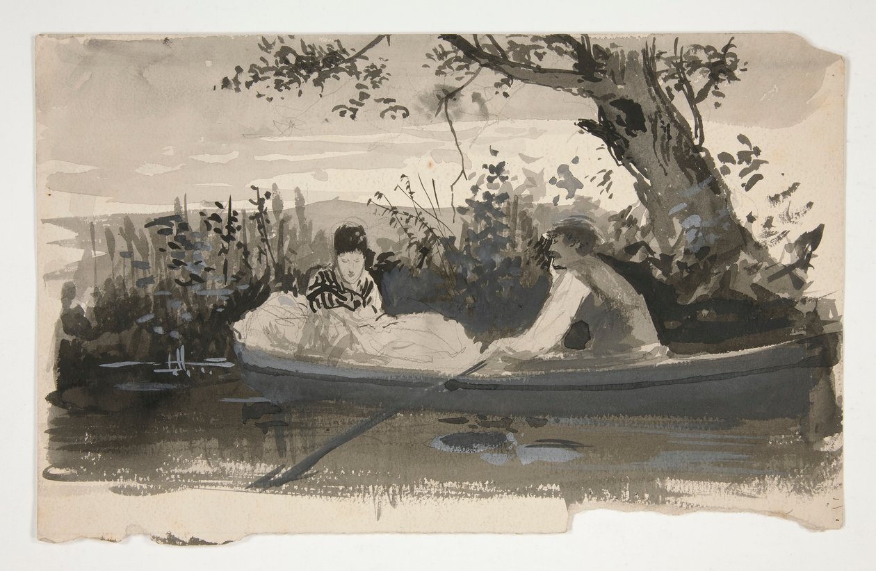Mann og kvinne i robåt, nær elvebredden - uidentifisert illustrasjon av Edwin Austin Abbey