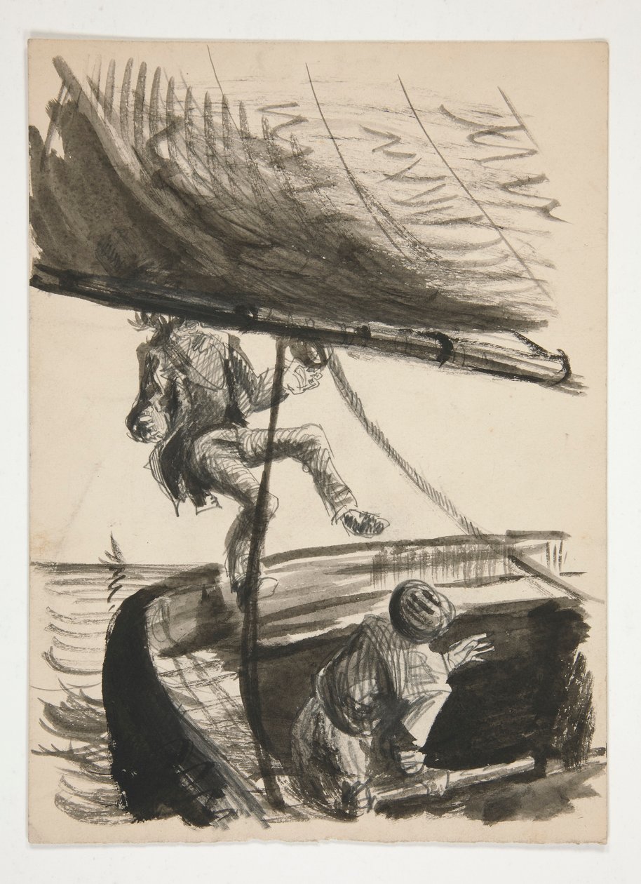 Mann blir slått over bord av bom fra seilbåt (recto); Uidentifisert illustrasjon av en skinnende mann av Edwin Austin Abbey