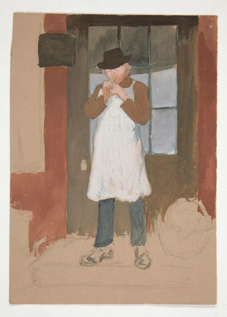 Mann som tenner et rør i døråpningen - uidentifisert illustrasjon av Edwin Austin Abbey