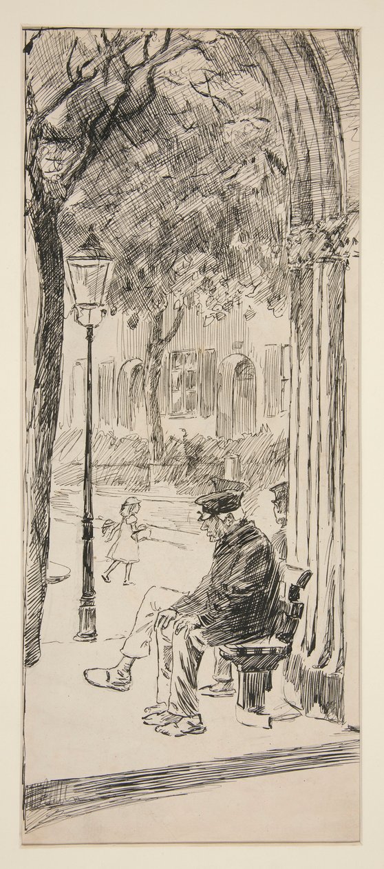 Mann på parkbenk - uidentifisert illustrasjon av Edwin Austin Abbey