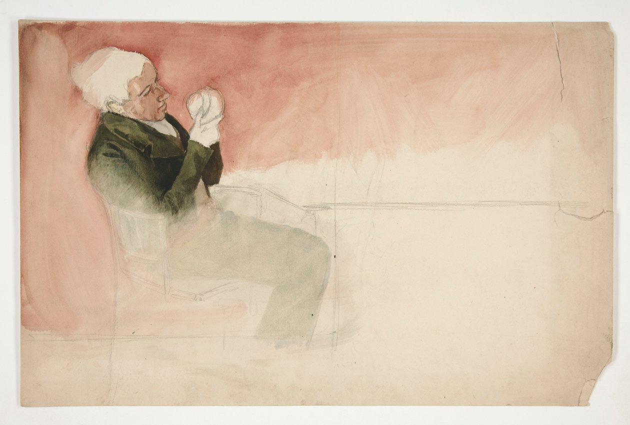 Mann som sitter og undersøker innsiden av en bolle - (uidentifisert illustrasjon) av Edwin Austin Abbey