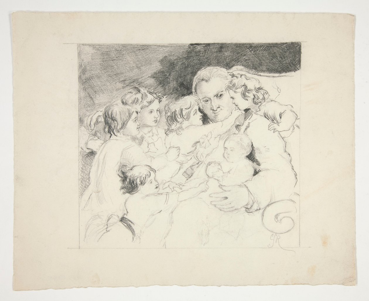 Mann med barn rundt seg - uidentifisert illustrasjon av Edwin Austin Abbey