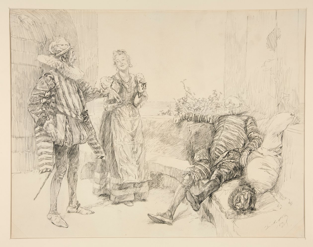Maria, Sir Andrew og Toby, illustrasjon for akt I, Scene iii, Twelfth Night av Edwin Austin Abbey