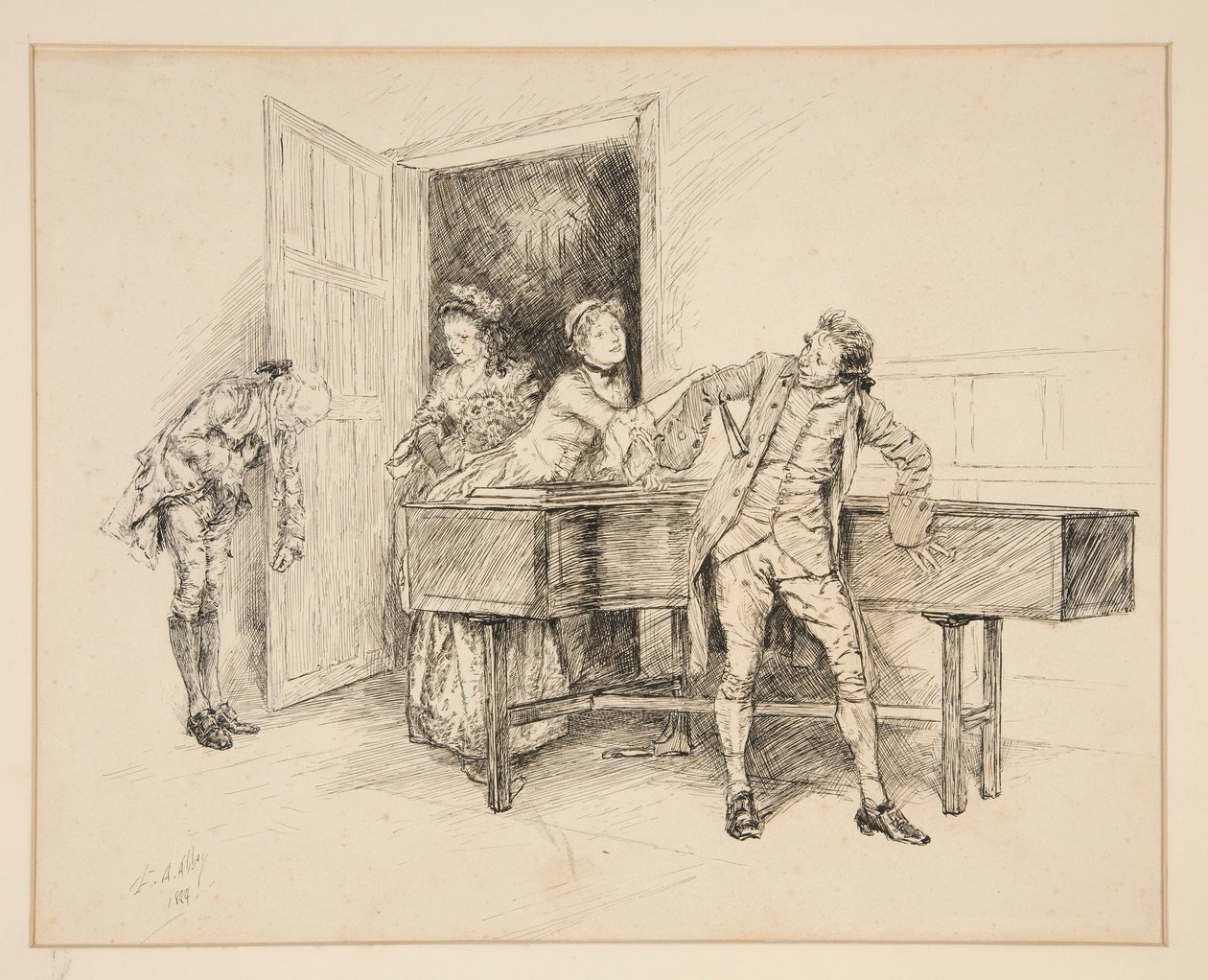 Nan og piano, illustrasjon for Oliver Goldsmith av Edwin Austin Abbey