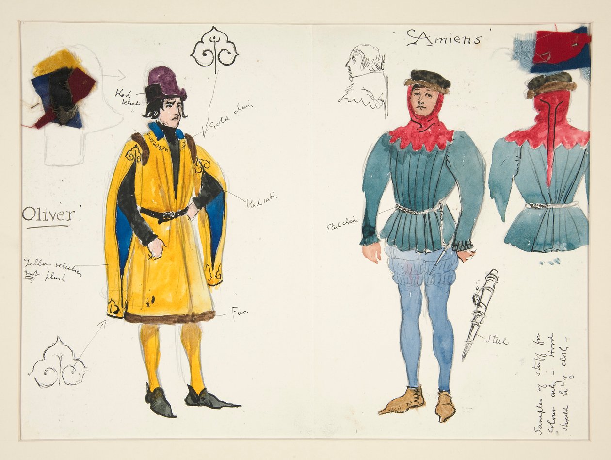 Olivier og Amiens, kostymeskisse for Henry Irving av Edwin Austin Abbey