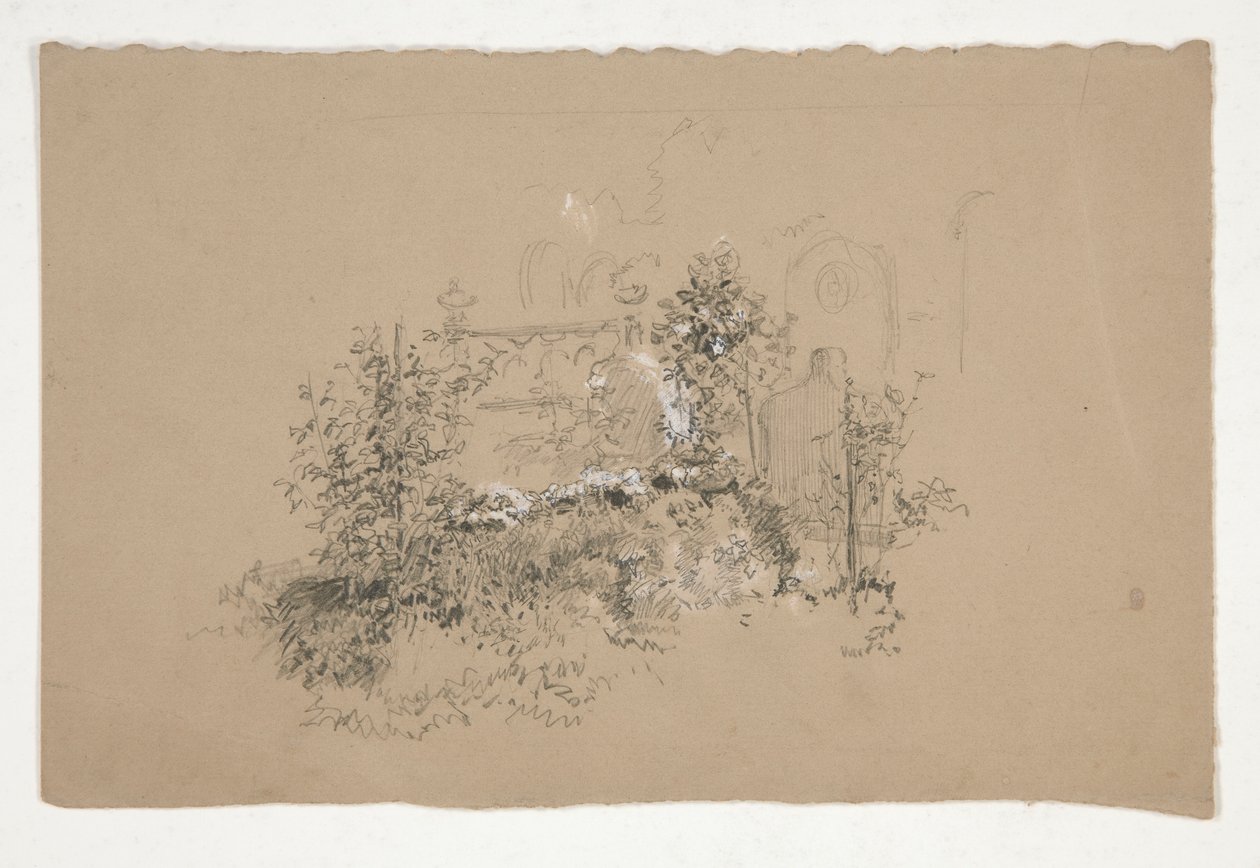 Gjengrodd hage(?) kirkegård(?) av Edwin Austin Abbey