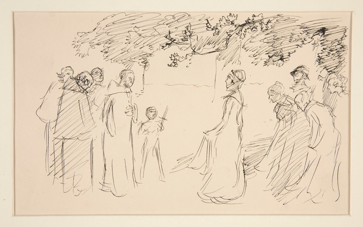 Folk i middelalderdrakt, utenfor - uidentifisert illustrasjon av Edwin Austin Abbey