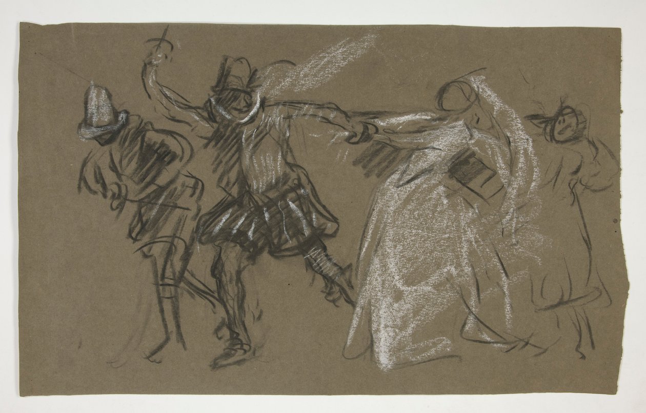 Petruchio trekker Katharina, fra Taming of the Shrew (recto); Skisse av sittende figur (verso) av Edwin Austin Abbey