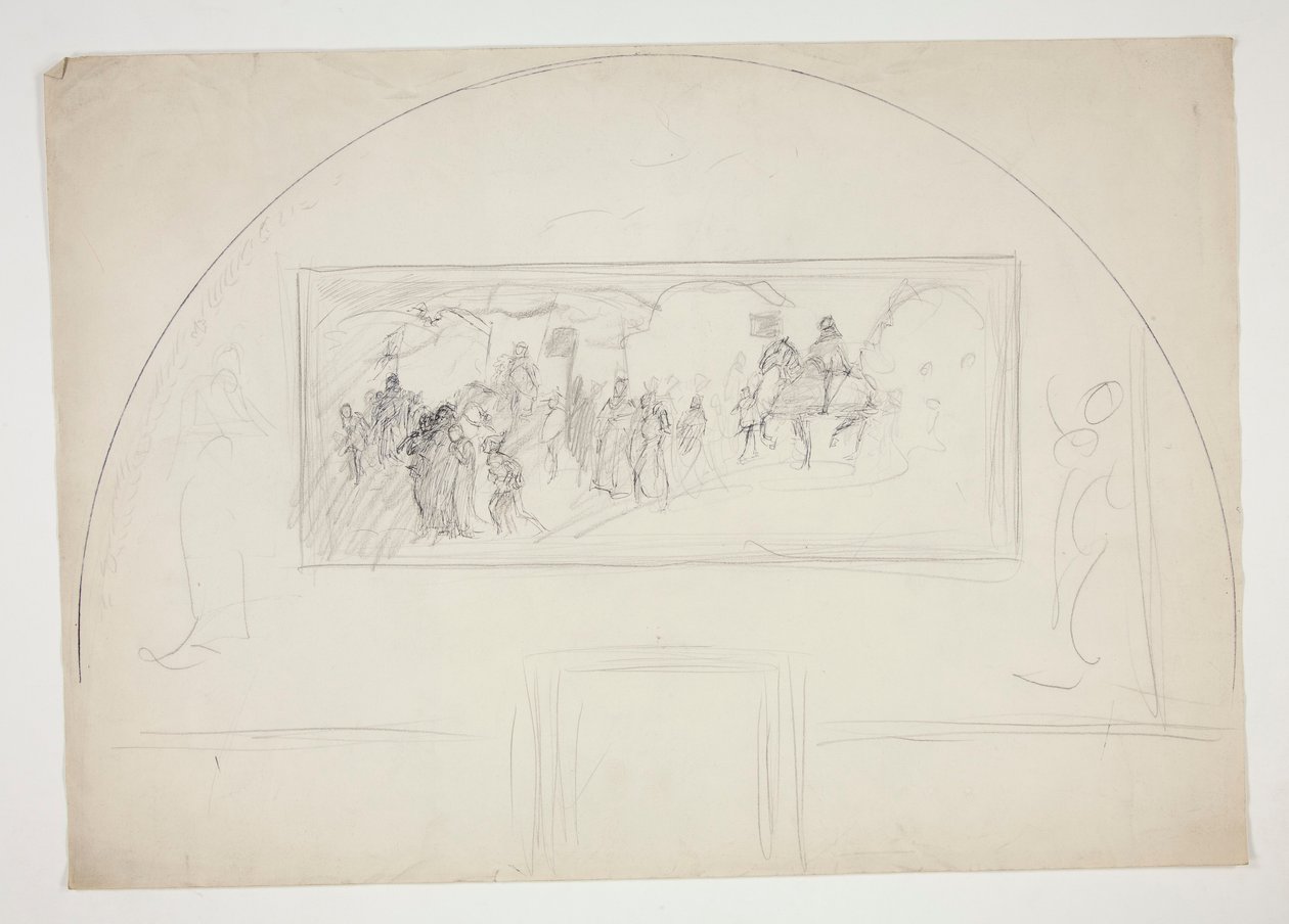 Planlegg for installasjon av et av The Quest of the Holy Grail-veggmalerier på Boston Public Library av Edwin Austin Abbey