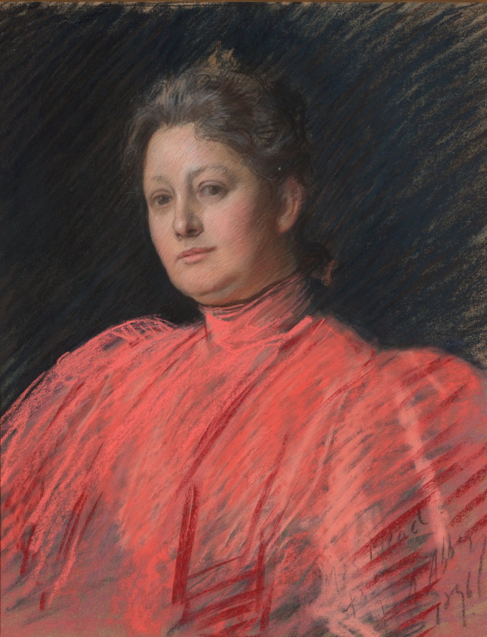 Portrett av Mrs. Abbey i rosa kjole, midjelengde av Edwin Austin Abbey