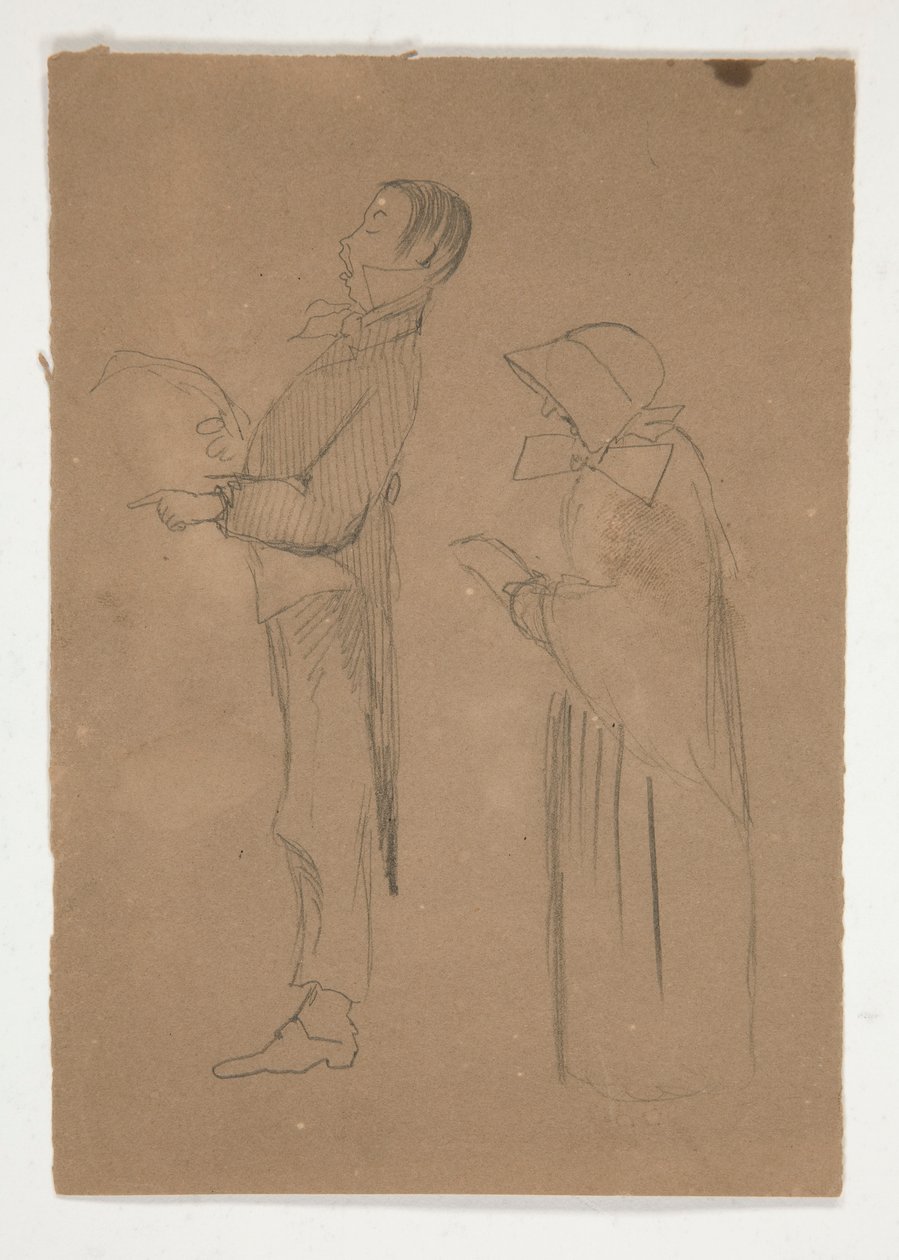 Profilstudier av mann og gammel kvinne (recto); Tre skisser av hoder og uidentifisert skisse (verso) av Edwin Austin Abbey