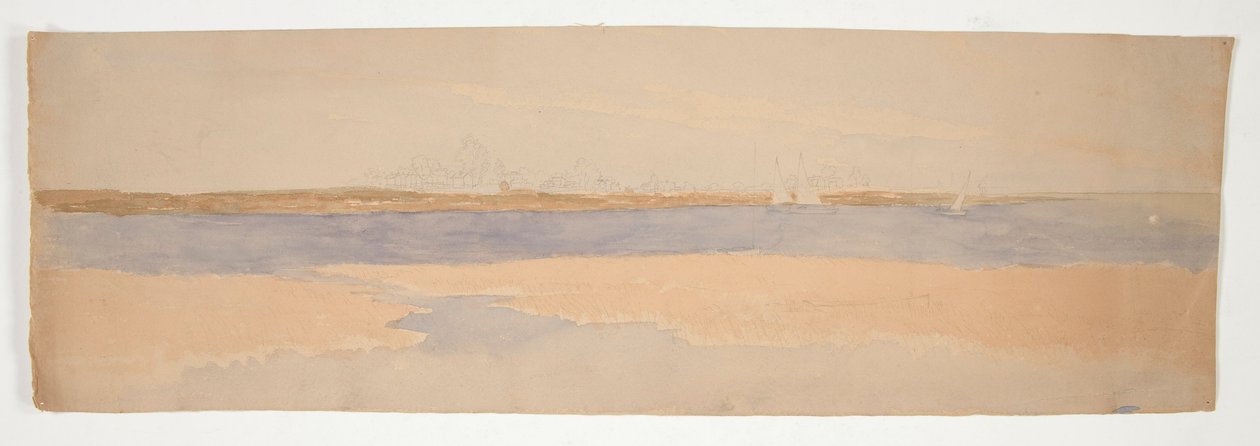 Elvelandskap med by på Far Shore av Edwin Austin Abbey