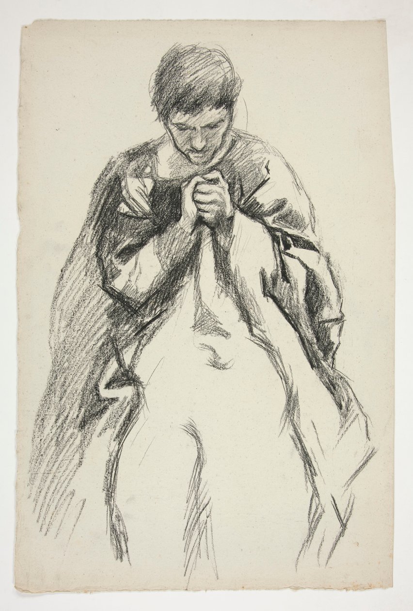 Kledd figur, ber: studer for veggmaleriet The Quest of the Holy Grail ved Boston Public Library av Edwin Austin Abbey