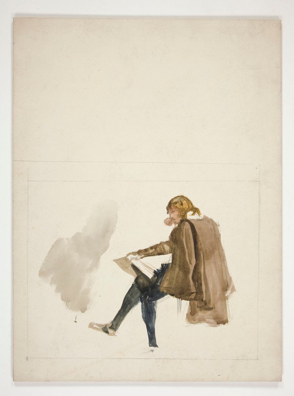 Sittende ung mann i brun kappe, leser - uidentifisert illustrasjon av Edwin Austin Abbey