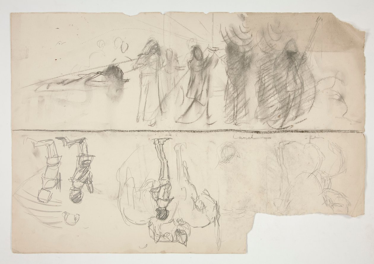 Ark med skisser for veggmaleriserien The Quest of the Holy Grail ved Boston Public Library (recto); Uidentifisert skisse (verso) av Edwin Austin Abbey