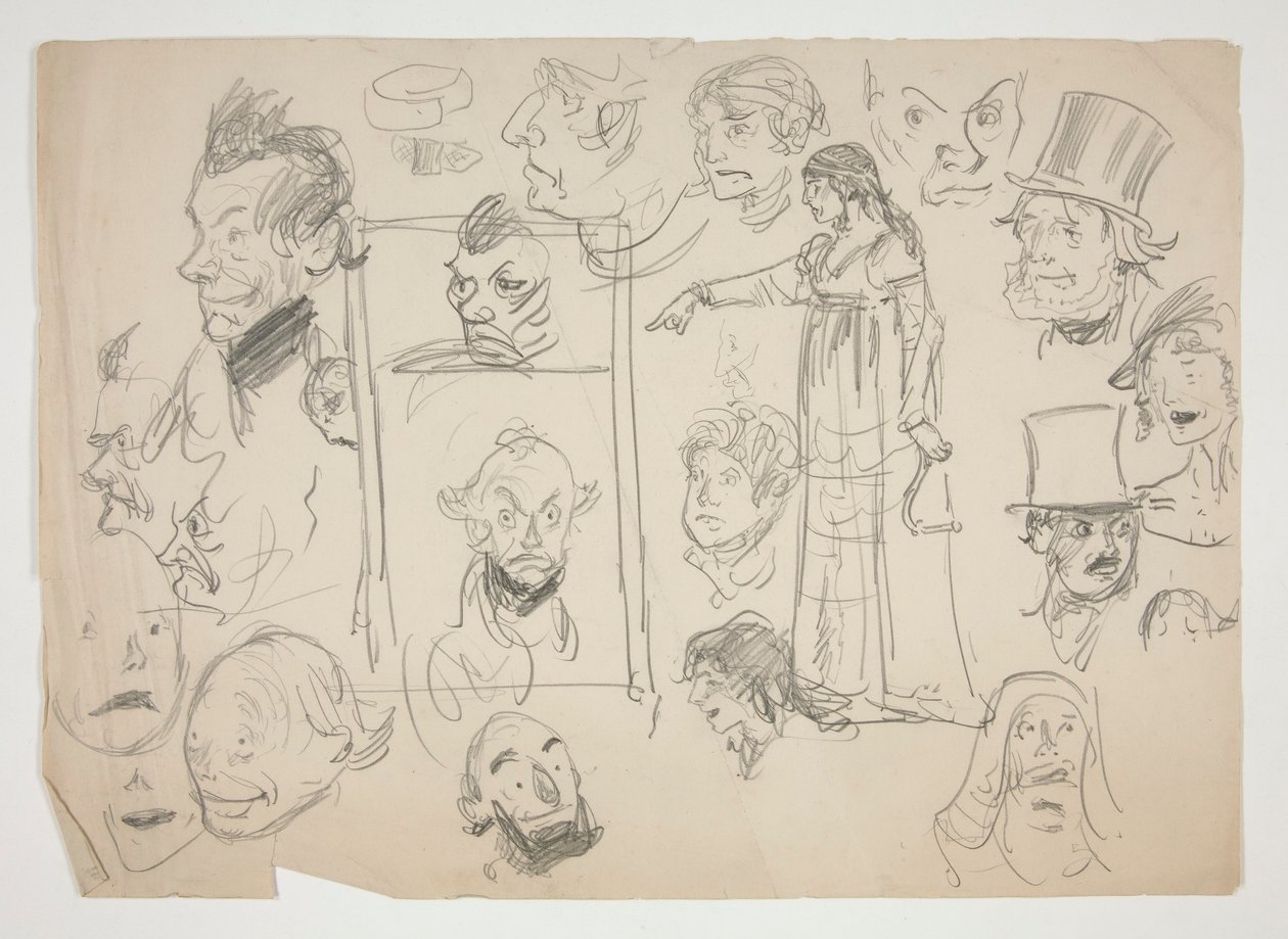 Ark med skisser av ansikter av Edwin Austin Abbey