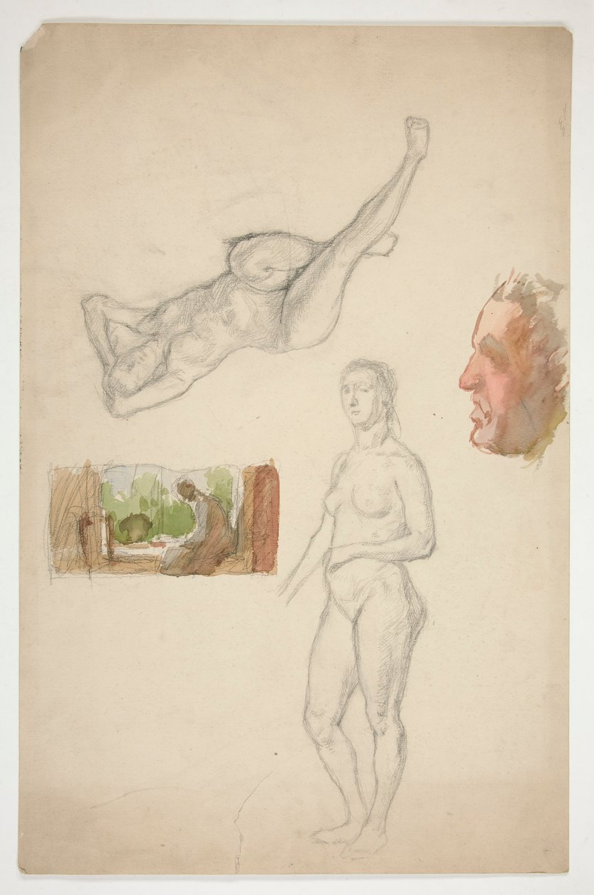 Ark med skisser: to nakne kvinner, profil av en mann, figur som sitter i et interiør av Edwin Austin Abbey