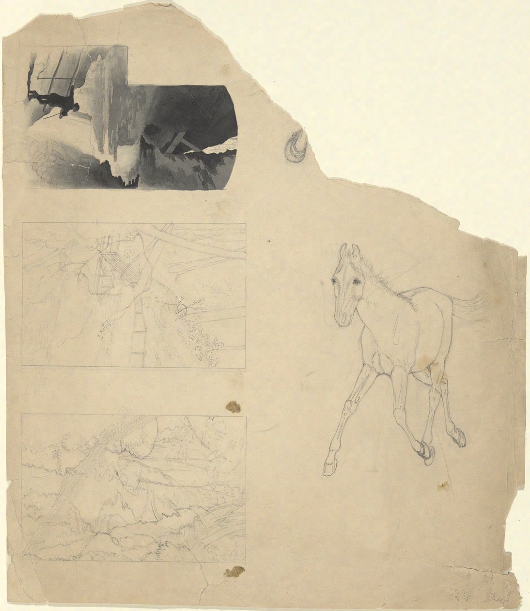 Studieark, tre av en foss, en av et føll. av Edwin Austin Abbey