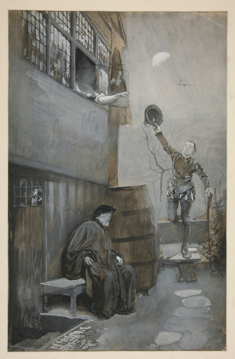 Sketch for Nighttime Rendezvous - 3 figurer: to menn, en kvinne av Edwin Austin Abbey