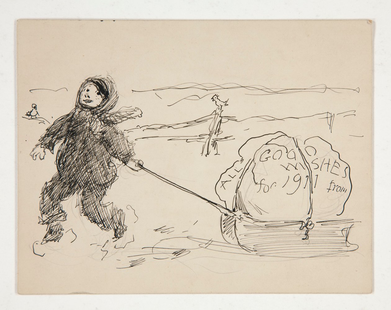 Skisse til et gratulasjonskort: ALLE GODE ØNSKER FOR 1911 fra av Edwin Austin Abbey