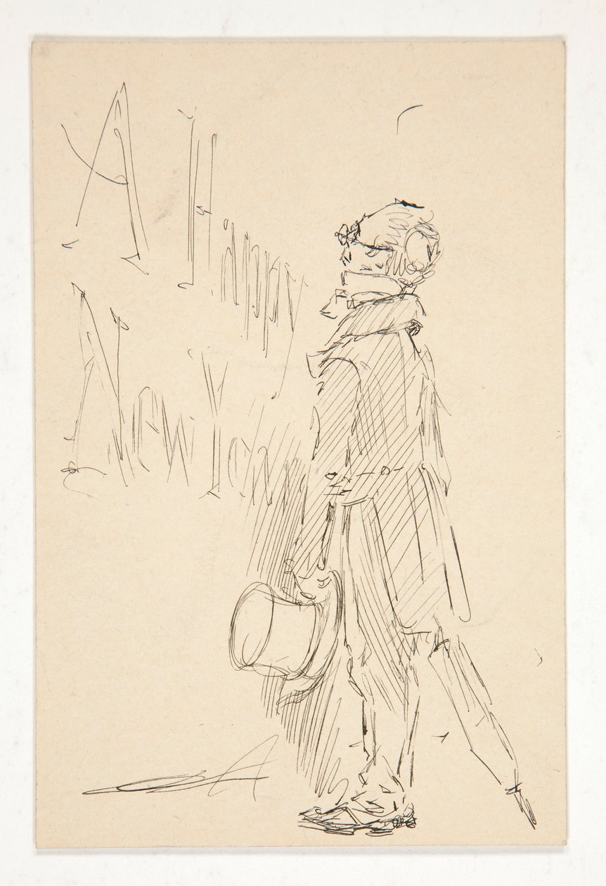 Skisse for et gratulasjonskort: Godt nytt år; studie av en mann som leser et skilt av Edwin Austin Abbey