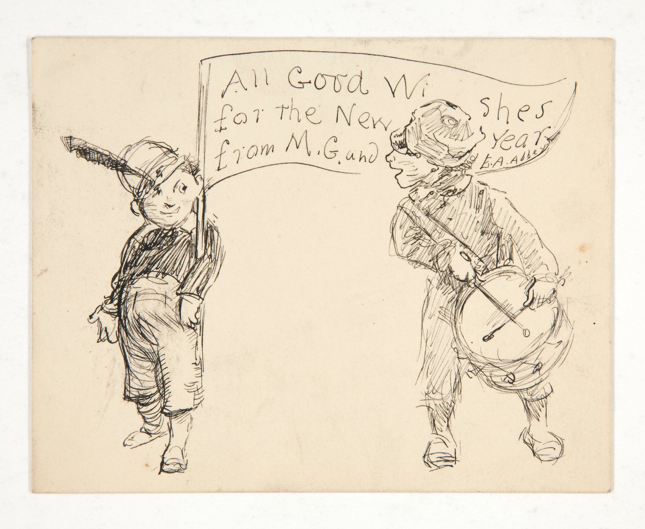 Skisse til et gratulasjonskort: Alle gode ønsker for det nye året fra M.G. og E.A. Abbey av Edwin Austin Abbey